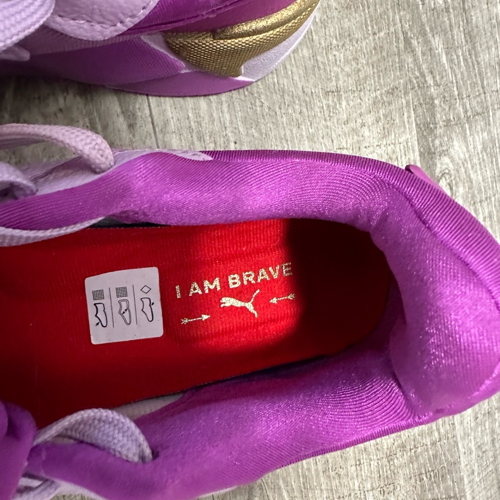 Women's Puma RS-X 7 Shoes Laces Memory Foam Purple Gold Running Retro Look New - Picture 8 of 10